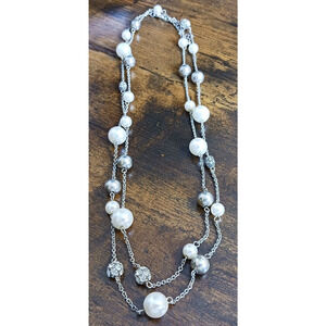 Long Faux Pearl Cluster Rhinestone Beads Silvertone Necklace 46 inches